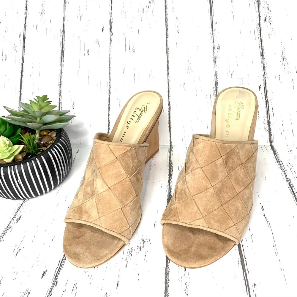 BETTYE BY BETTYE MULLER Chunky Block Heel Woven Tan Suede Mules, 9.5 - Picture 2 of 9